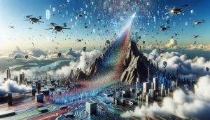 A high definition, realistic image depicting the metaphorical rise of technology stocks with various symbols of innovation. It could feature a steep mountain made out of electronic circuit boards to represent the 'New Heights' and perhaps multicolored binary codes cascading from the summit to represent the surge in innovation. The sky could be filled with digital clouds representing data and cutting-edge tech devices hovering in the air like drones. Certainly, no specific brand or logos should be visible.