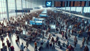 High-definition, realistic image depicting the scene of an international airport in turmoil due to a widespread technology malfunction. Commotion fills the terminal, as travelers of diverse descents and genders hurry about with worried expressions. Multi-ethnic airport staff are trying to handle the demanding situation manually, managing luggage, checking in passengers and providing information. Huge electronic display boards across the terminal are flickering and malfunctioning, indicative of the tech failure. Our vantage point is from within the crowd, amidst the chaos, with a clear view of the anxious faces and the dysfunctional technology around.