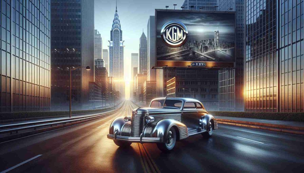 Realistically detailed, high-definition artwork capturing the essence of KGM Automobiles, emblematic of its legacy in motion. Visualise a sleek, modern design combined with a touch of vintage charm, reflecting its timeless appeal. Picture the iconic logo, crafted in chrome, gleaming against the backdrop of fresh paint, embodying the spirit of innovation. Recall sidewalks lined with towering skyscrapers, and the endless urban landscape morphing into a smooth highway that extends into the horizon. Contemplate the scene of the setting sun, casting a warm glow on this moving spectacle, creating a captivating amalgam of motion and legacy.
