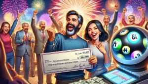 Accurately detailed HD image showcasing a scene of celebration for New Year. In the scene, two distinct lottery winners are rejoicing. One is a Middle-Eastern man, ecstatic with the joy of victory, holding a large check indicating the winning amount. The other is a South Asian woman, with a broad smile on her face, standing beside a big lottery ball machine. They're surrounded by a jubilant crowd, cheering and clapping for them, with a backdrop of vibrant fireworks lightening the night sky, marking the beginning of the New Year.