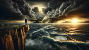 Visualize a high-definition realistic scene symbolizing the exploration of new horizons amidst economic challenges. Picture a lone figure standing on the edge of a high cliff, overlooking a vast, turbulent sea. The human figure can be a South Asian male wearing business attire. In the backdrop, dark storm clouds roll over the horizon, signifying the challenging economic times. To contrast, a golden ray of sunlight breaks through the clouds, illuminating a distant island, symbolizing the new opportunities that lie ahead, despite the struggles. Stirring and optimistic in mood, this represents resilience and hope in the face of adversity.