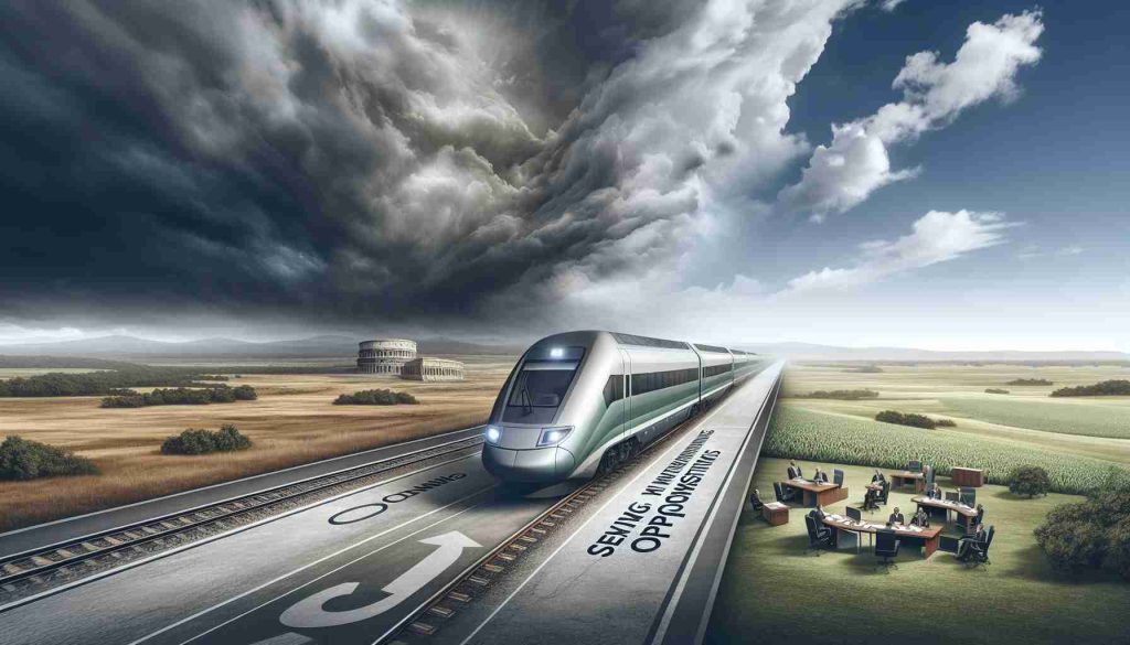 A high-resolution, realistic depiction of a sleek, state-of-the-art Talgo train in action. The modern vehicle is travelling through sprawling landscapes, embodying the theme of 'seeking new horizons'. Meanwhile, the background portrays looming storm clouds, representing the notion of 'government opposition'. The visual narrative unfolds on this broad canvas, symbolizing the challenges and aspirations of innovation and progress within the tricky landscape of transport policy.