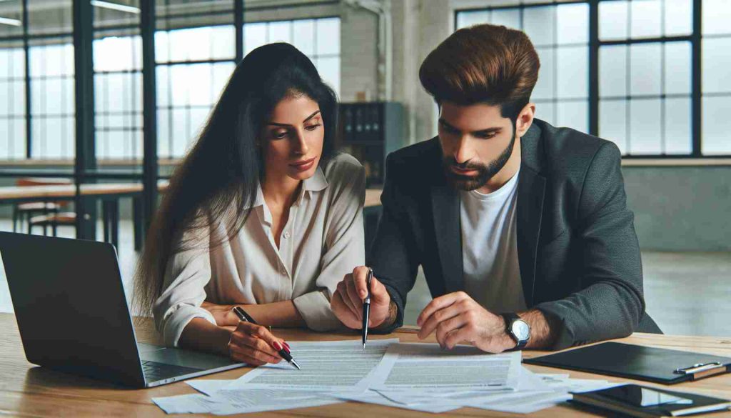 Generate a realistic, high-definition image of a situation where a Hispanic woman and a Middle-Eastern man are collaboratively decoding the property tax document for homeowners in Mexico. The setting is a modern office with documents and a laptop on the desk. They are both dressed professionally and intently studying the paperwork with a sense of dedication, patience, and intelligence.