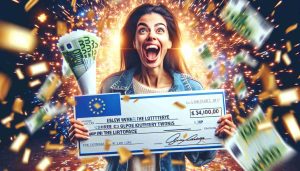 Create a highly detailed and realistic image of an individual who has just won the lottery in Europe. This person is holding a colossal check bearing the lottery winnings and expressing pure joy and surprise. The scene is filled with bright flashes of celebratory confetti, and the background is blurred with the focus primarily on the person. The lottery winner is a Hispanic woman, casually dressed, and exuding happiness.