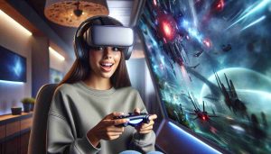 A HD quality, realistic image showcasing the exhilarating world of virtual gaming.  Portray a young Hispanic woman fully immersed, sitting in a spacious room with futuristic decor, VR headset on her head, game controller in hands. Show her bright expressive eyes, enthusiastically venturing the gaming universe from her screen. Emulate the ambience reflecting the thrill and immersion of the game, with images of fantastical landscapes, alien planets and digital effects escaping outside her screen and filling the room.