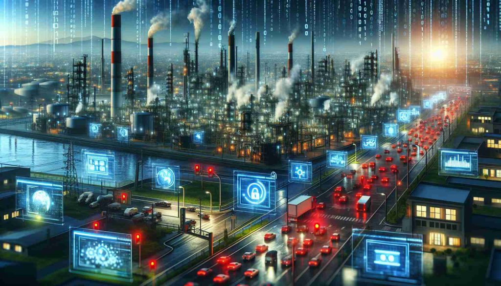 A high-definition, realistic illustration depicting a global cybersecurity incident causing disruptions across various industrial sectors. The scene should convey a sense of digital attack impacting different aspects of society: factories halting production lines due to system issues, traffic lights malfunctioning, and even digital information screens displaying error messages. One can also include some digital elements such as binary code rain or glitch effects to visually represent the cybersecurity incident. However, the image should still be coherent and clearly illustrate the wide-ranging impact of the event.