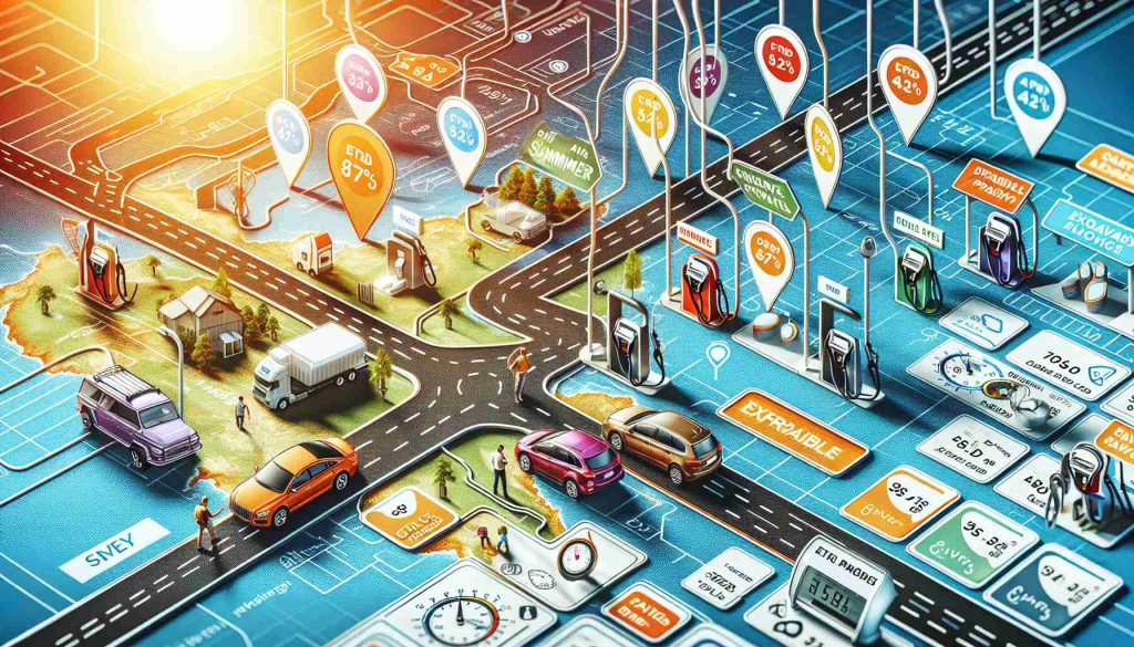 An in-depth representation of exploring affordable fuel options for summer road trips. The image captures a detailed map dotted with multiple fuel stations across diverse road routes, highlighting their prices. The salient features include strategically planned routes, a bright sun indicating summer, and a variety of cars of different models and sizes. Pay particular attention to details such as the fuel gauge graphics that provide visual readouts of affordability, and a small family, comprising a South Asian man and a Caucasian woman, planning their trip and discussing the available options.