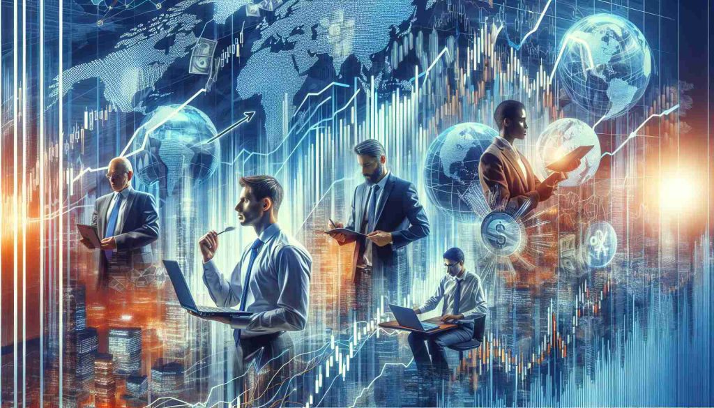 Create a high definition, realistic image representing the resilience of global financial markets amidst uncertainty. This could include graphics of trending stock markets, variation of currency exchange rates, confident investors analyzing financial data or financial analysts at work, some of them showing worry but still pushing through. Both traders and analysts can be from different descent like Caucasian, Hispanic, Black, Middle-Eastern, South Asian etc., and both genders should be included. Visuals of graphs going upward could also depict resilience. The overall tone should convey a sense of tension, but also hope and determination.