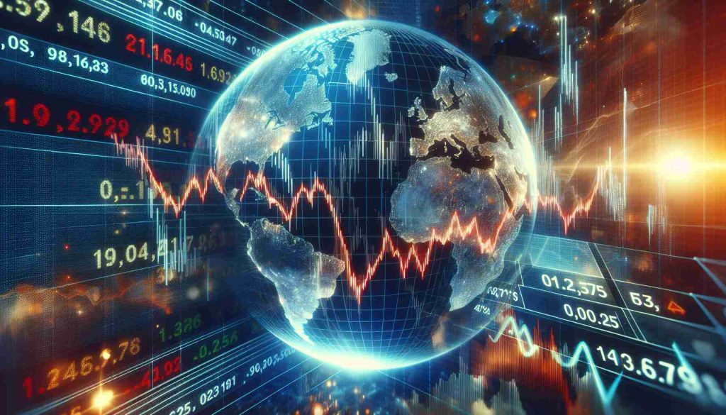 Visualize a high-definition image that grasps the concept of global markets undergoing turbulence due to a severe fall. The depiction could symbolize this concept by showing a graph with a sharp downward trend, world globe background subtly showing major financial regions, and possible numerical indicators to express the fluctuation. The image should be rendered in a photorealistic style.