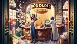 A detailed and high-definition illustration showcasing an event of joy and fortune. A Spanish woman has just won the Bonoloto jackpot. She is ecstatic, standing in an ornate store that sells lottery tickets. The counter is full of assorted lottery tickets and a large sign reads 'Bonoloto'. The woman holds aloft a winning ticket, a huge smile on her face as golden confetti rains down around her, to symbolize her big hit on the lottery jackpot. The shop owner, a Middle-Eastern man, stands by sharing in the woman’s joy and excitement.