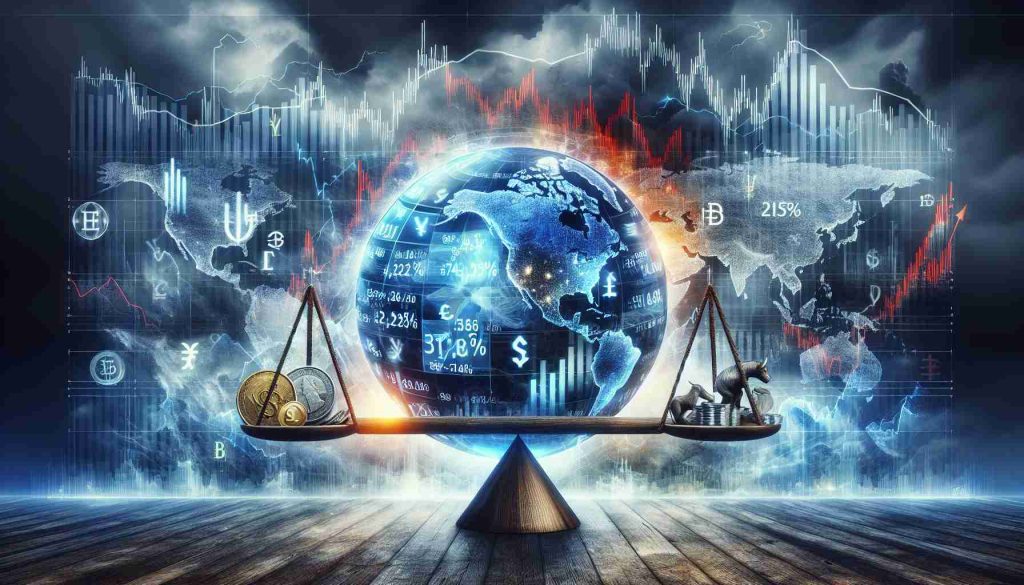 A high-definition, realistic image depicting a metaphorical representation of the global markets reacting to economic uncertainty. The scene includes a symbolic image of a globe showing major economy-driving continents. Around it, visual elements representing various economic indicators such as stock market graphs, currency symbols, and possibly a see-saw between a bull (indicating a rising market) and a bear (indicating a falling market). The background should be imbued with a sense of uncertainty using a blend of stormy and calm elements, signifying tumultuous times for the global economy.