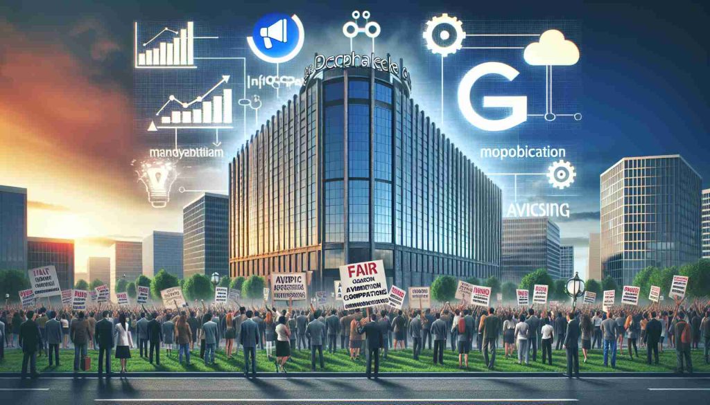 A high-definition and detailed image illustrating the concept of a major tech company being scrutinized for purported monopolistic behaviors in the advertising domain. This could include a large corporate building with protesters holding signs about fair competition and calling for ethical business standards in the foreground. Infographics or visual representation of the tech giant's influence in the advertising industry could be displayed in the sky above as if projected there.