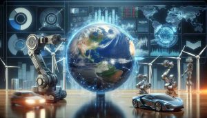 A high-resolution, realistic image showing the new developments in global markets. In the center, depict a large globe with different continents prominently visible. Surround this with representations of various industries such as: a line of wind turbines signifying renewable energy on one side, advanced robotic arms indicating AI and robotics on the other, and the silhouette of an electric car suggesting development in automotive technology. Add screens displaying real-time data, stocks, and trends in the background, bringing out the dynamics of global markets.