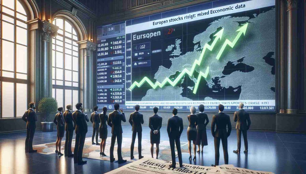 Create a high-definition, realistic image that portrays the concept of European stocks rising despite mixed economic data. The scene should include a stock market ticker display showing green arrows indicating a rise, and on the side, a newspaper with headlines regarding mixed economic data. The background could have a map of Europe, symbolizing the continental market. Also, include individuals representing diverse descents such as Caucasian, Middle-Eastern, Hispanic, Black, and South Asian, who are professionally dressed, looking at the stock market screen. Frame the image to capture the intense atmosphere of the setting.