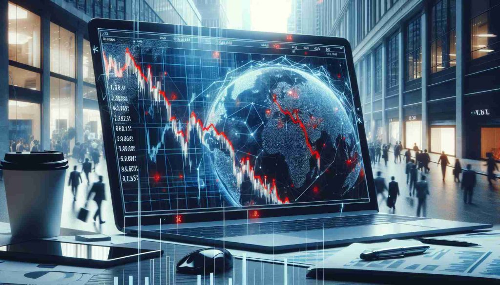 Realistic high-definition image of a downturned graph symbolizing a significant decline in global stocks amid mounting economic concerns. The graph can be seen on a computer screen, strewn with red markings. The background can include touches of a chaotic financial district, with people scurrying around with worried expressions.