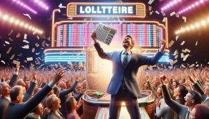 Realistically rendered high-definition photo of a recent millionaire emerging from a lottery draw with fortunate numbers. The joyous individual holds the winning ticket in their hand, displaying the lucky digits clearly. The background features a colorful draw stage, a massive crowd expressing their astonishment, and the lottery station with giant neon signs announcing the current process. The energy of the moment is palpable, everyone in the frame stuck in the moment of the big reveal, conveying the success and elation of this unexpected turn of fortune.