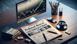 Create a photorealistic, high-definition image depicting a newspaper headline stating 'Federal Reserve Cuts Interest Rates,' with accompanying articles describing the event. In addition, visualize a computer screen showing an upward trending line graph in the stock market, depicting investor optimism. The setting should be an office desk with a cup of coffee and some pens scattered on it, in order to connote a business environment.