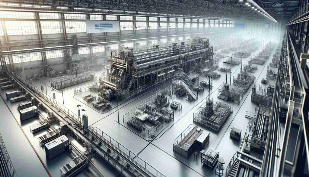 A detailed and realistic high-definition image depicting a modern manufacturing plant, with large machinery and various assembly lines. The atmosphere of the place hints towards a significant ownership transition with banners and signs indicating new management and future company changes.