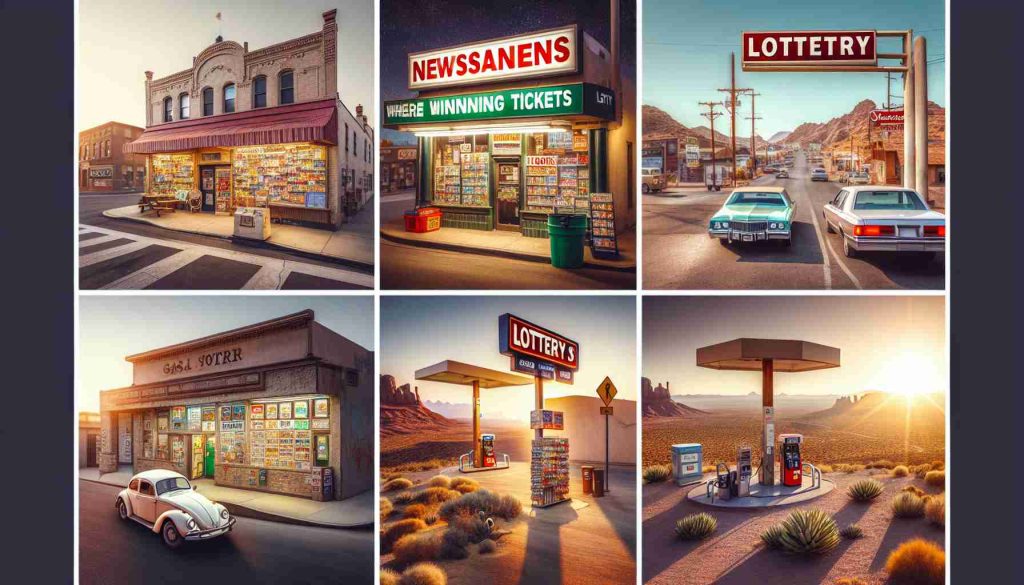 Create a high-definition, realistic image showcasing unique locations where lottery winning tickets have been found. It might include a busy newsagent in the heart of a bustling city, a secluded corner store in a quiet village, a brightly-lit gas station at the crossroads of a desert highway, or a rustic general store in a mountain town. The images should capture the diversity and unique charm of these places, where luck changed people's lives.