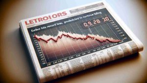 Visual interpretation of a newspaper headline saying 'Euribor Hits Record Low, Predicted to Continue Falling' with the image of a downward trending graph denoting the continuously falling Euribor rates. The graph is detailed with dates and time over the X-axis and the rate percentage over the Y-axis. The graph line is red showing a steep fall towards the right. The background of the graph is filled with light neutral colors. The whole scene exhibits a photorealistic and HD quality.