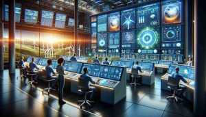 A highly realistic, high-definition image showcasing the revolutionizing of the energy industry through cutting-edge technology. The scene includes a vibrant futuristic control room filled with large monitors displaying real-time data and analyses. Technicians of varying descents and genders, such as a Caucasian female, a Hispanic male, a Black female, and a South Asian male, are working on the equipment with focus and dedication. Visible in the room are advanced devices like solar panels, wind turbine models, and lithium-ion batteries. A feeling of innovation and progress pervades the entire setup.